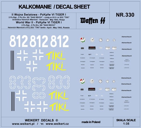 Weikert Decals DEC330 PzKpfw VI TIGER - 2nd Panzer Regiment, 2nd Panzer Division "DAS REICH" 1/35