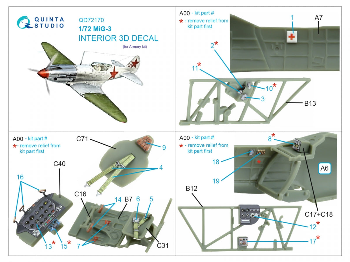 Quinta Studio QD72170 MiG-3 Intérieur coloré imprimé en 3D sur papier décalcomanie (Armory) 1/72 – image 9
