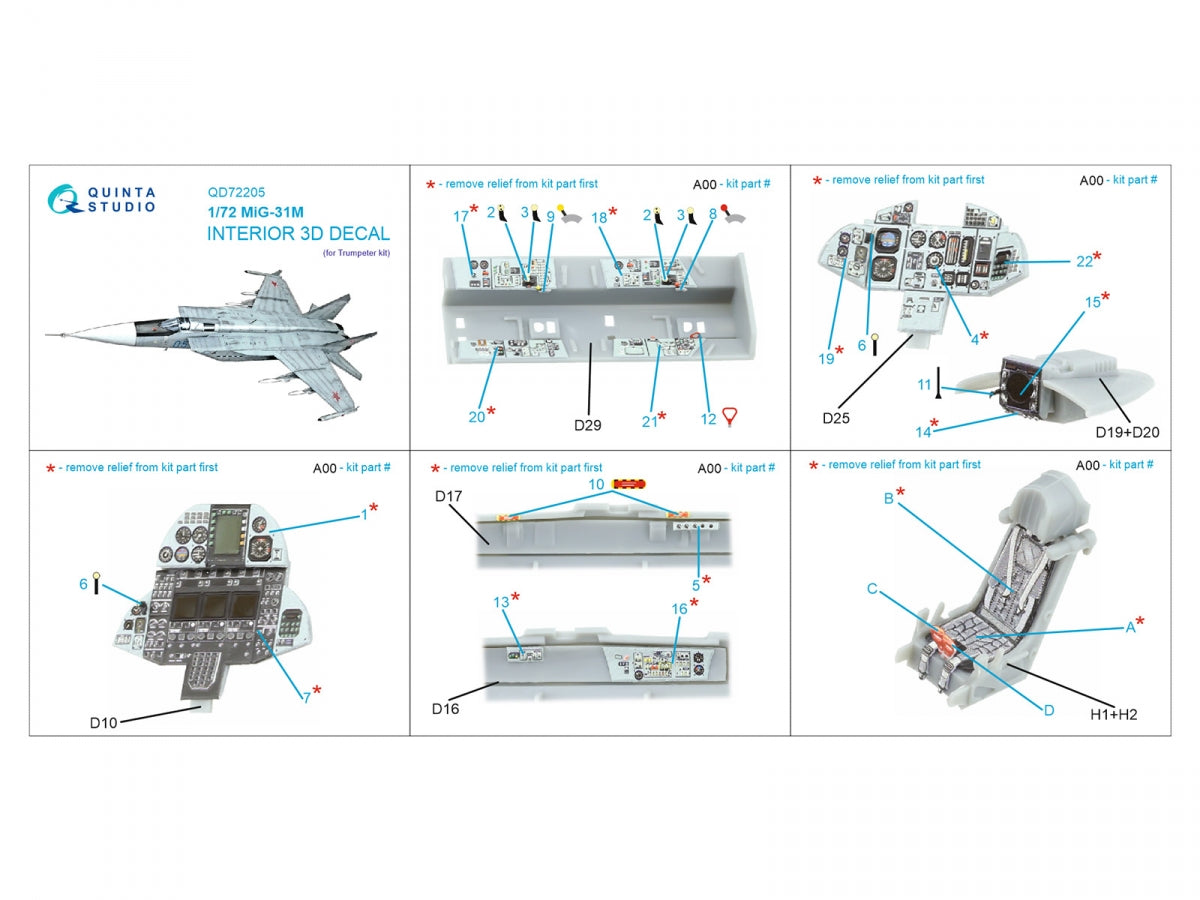 Quinta Studio QD72205 MiG-31M 3D-Printed &amp;amp; coloured Interior on decal paper (Trumpeter) 1/72 – immagine 10