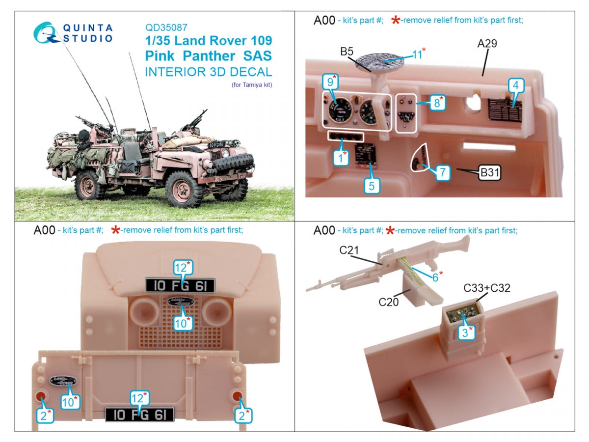 Quinta Studio QD35087 Land Rover 109 Pink Panther SAS 3D-Printed &amp;amp; coloured Interior on decal paper (Tamiya) 1/35 – immagine 2