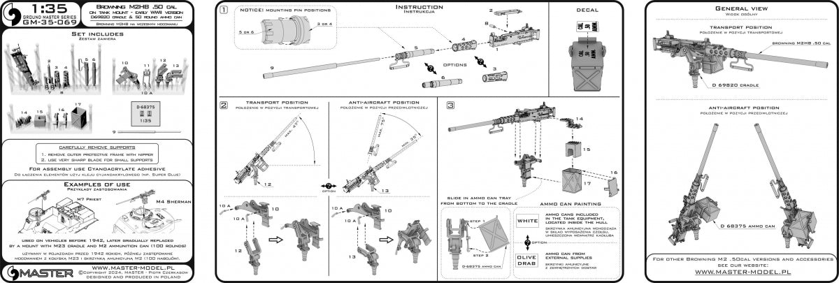 Master GM-35-069 Browning M2HB .50 cal (12,7mm) - karabin maszynowy z mocowaniem czołgowym - wczesny okres II w.św. (kołyska D69820 z małą skrzynką amunicyjną D68375) 1/35 – immagine 16
