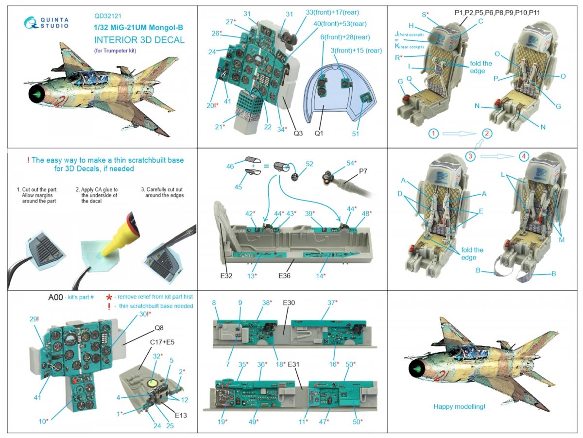Quinta Studio QD32121 MiG-21UM 3D-Printed &amp;amp; coloured Interior on decal paper (Trumpeter) 1/32 – immagine 15