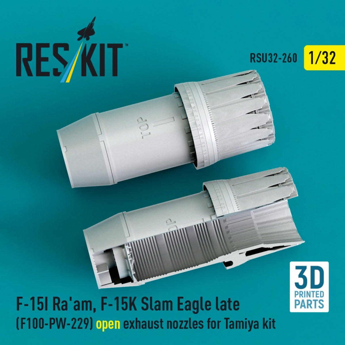 RESKIT RSU32-0260 F‑15I Ra'am, F‑15K Slam Eagle late (F100-PW-229) open exhaust nozzles for Tamiya kit (3D Printed) 1/32