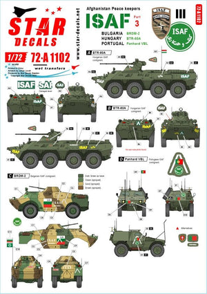Star Decals 72-A1102 ISAF-Afghanistan # 3. Peacekeepers from Bulgaria, Hungary and Portugal. BRDM-2, BTR-80A, Panhard VBL. 1/72