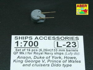 Aber 1/700L-23 Set of 16 pcs 133mm (5,25in) barrels QF Mk.1 for Royal Navy King George V class battleships cruisers Dido type 1/700 – Bild 2