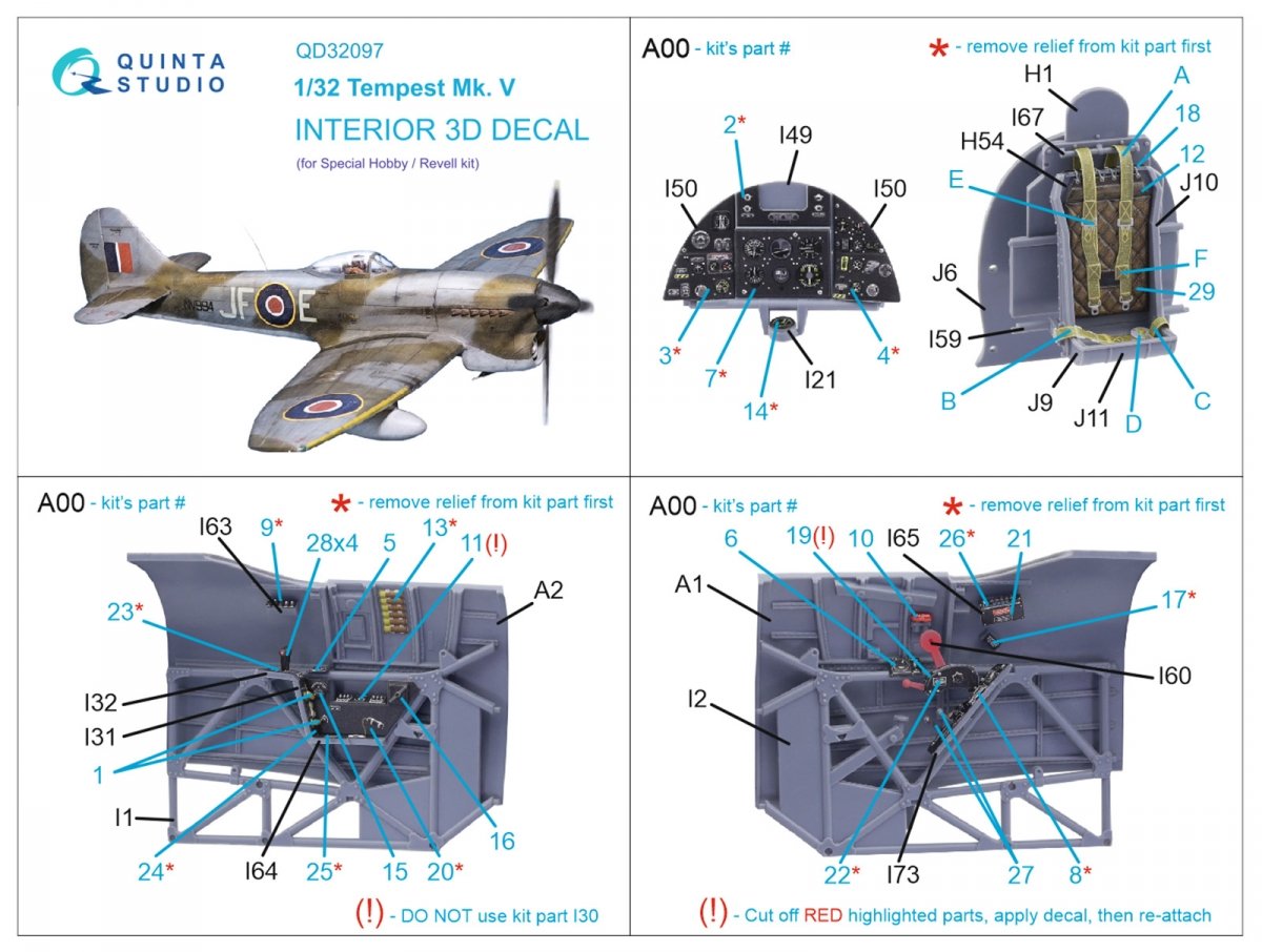 Quinta Studio QD32097 Tempest Mk.V 3D-Printed &amp;amp; coloured Interior on decal paper (Special Hobby/Revell) 1/32 – immagine 12