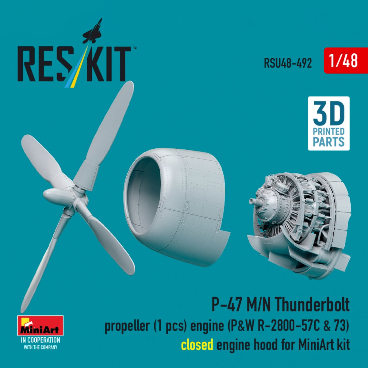 RESKIT RSU48-0492 P-47 M/N Thunderbolt propeller (1 pcs), engine (P&amp;W R-2800-57C &amp; 73) closed engine hood for MiniArt kit (3D Printed) 1/48