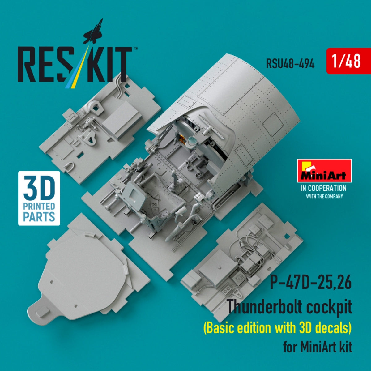 RESKIT RSU48-0494 P-47D-25,26 Thunderbolt cockpit (Basic edition with 3D decals) for MiniArt kit (3D Printed) 1/48