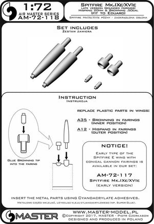 Master AM-72-118 Spitfire Mk.IXe/XVIe version tardive (mantelage arrondi) - Canons Hispano 20 mm et canons de mitrailleuse Browning .50 cal dans les mantelets (compatible avec le modèle Eduard) (1/72) – image 3
