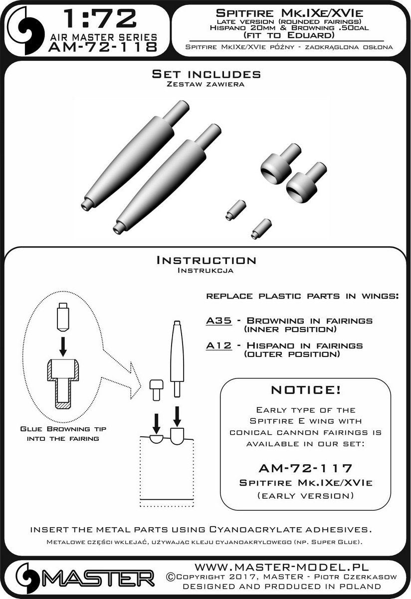 Master AM-72-118 Spitfire Mk.IXe/XVIe version tardive (mantelage arrondi) - Canons Hispano 20 mm et canons de mitrailleuse Browning .50 cal dans les mantelets (compatible avec le modèle Eduard) (1/72) – image 3