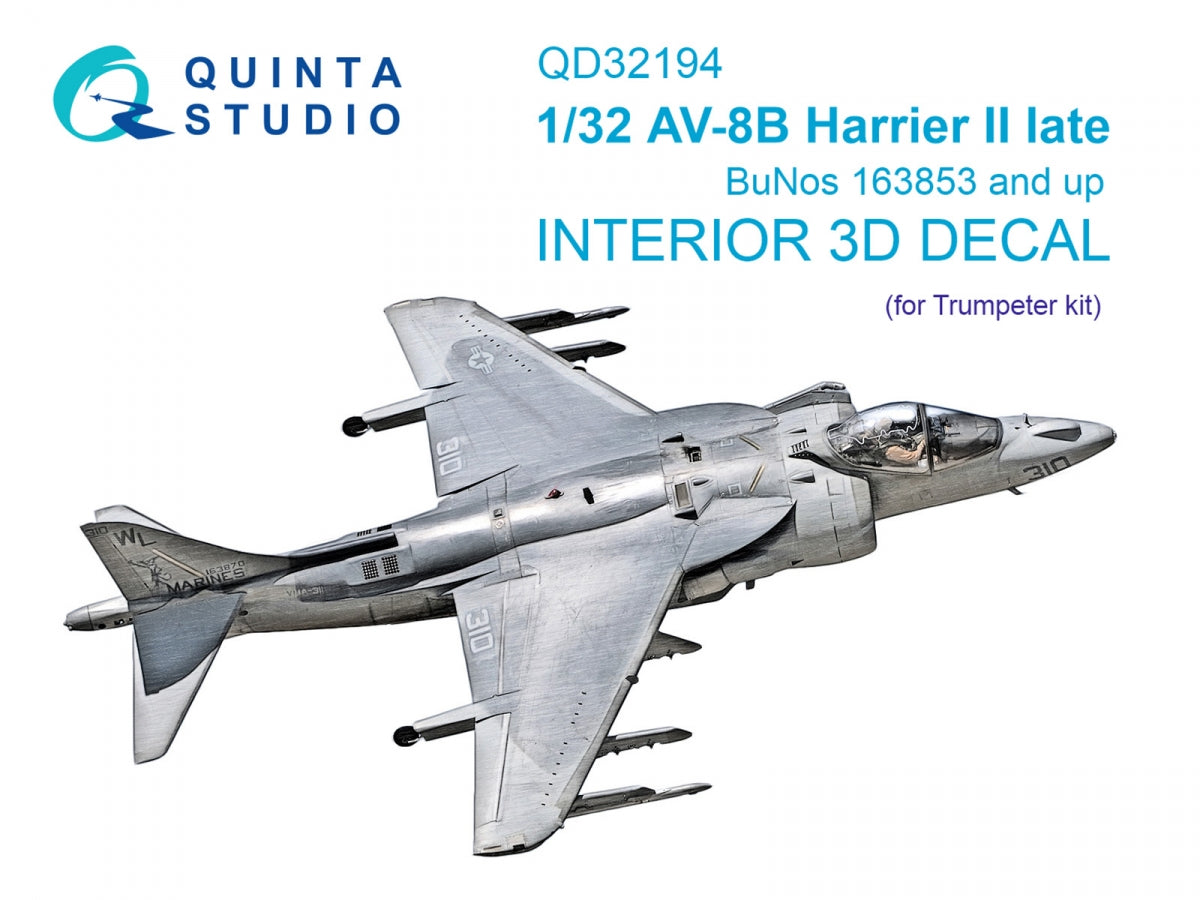Quinta Studio QD32194 AV-8B Harrier II late 3D-Printed &amp; colored Interior on decal paper (Trumpeter) 1/32