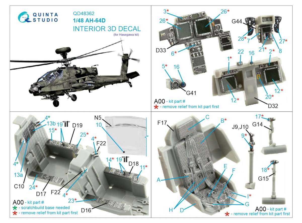 Quinta Studio QD48362 AH-64D 3D-Printed &amp;amp; coloured Interior on decal paper (Hasegawa) 1/48 – zdjęcie 2