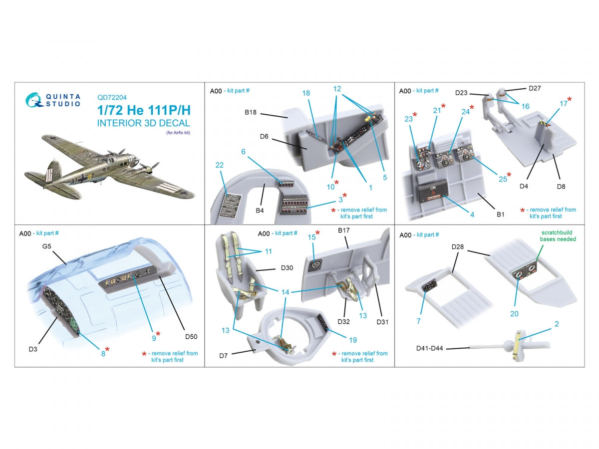 Intérieur imprimé en 3D et coloré sur papier décalcomanie Quinta Studio QD72204 He 111 P/H (Airfix) 1/72 – image 11