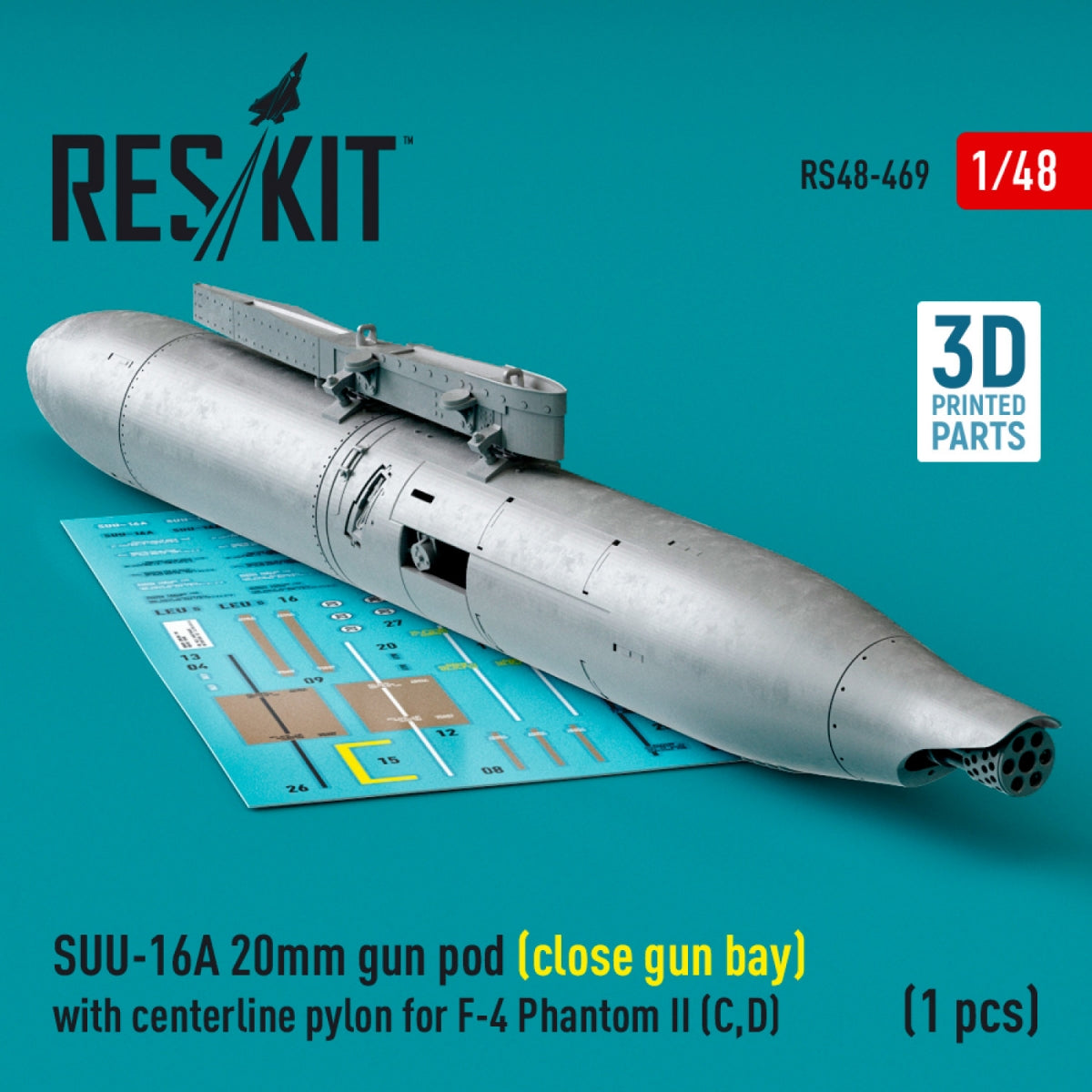 RESKIT RS48-0469 SUU-16A Nacelle de canon de 20 mm (baie de canon fermée) avec pylône central pour F-4 Phantom II (C,D) (1 pièce) (Impression 3D) 1/48