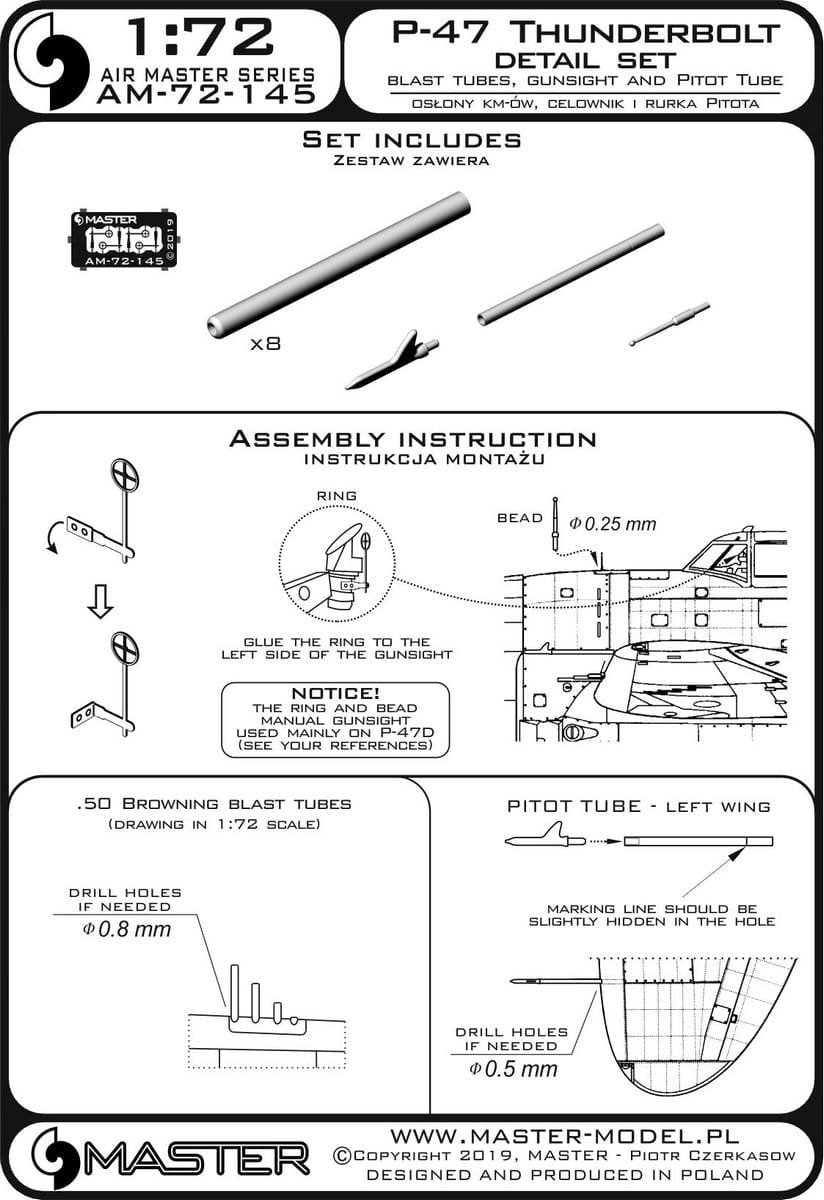 Master AM-72-145 P-47 Thunderbolt - zestaw detali - uzbrojenie, rurka Pitota, celownik 1/72 – immagine 3