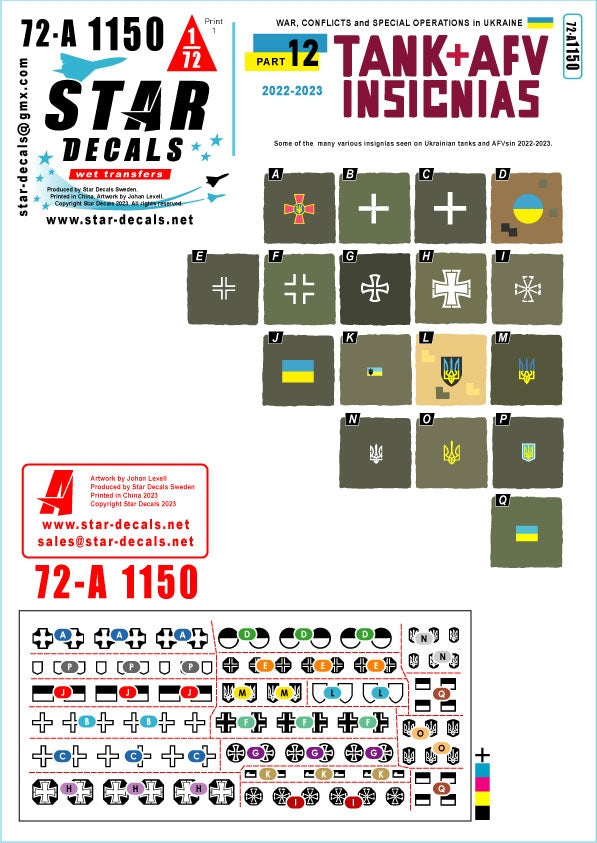 Star Decals 72-A1150 Guerre en Ukraine n° 12 : Insignes de chars et véhicules blindés ukrainiens. Quelques exemples des nombreux insignes variés observés en 2022-2023 (échelle 1/72).