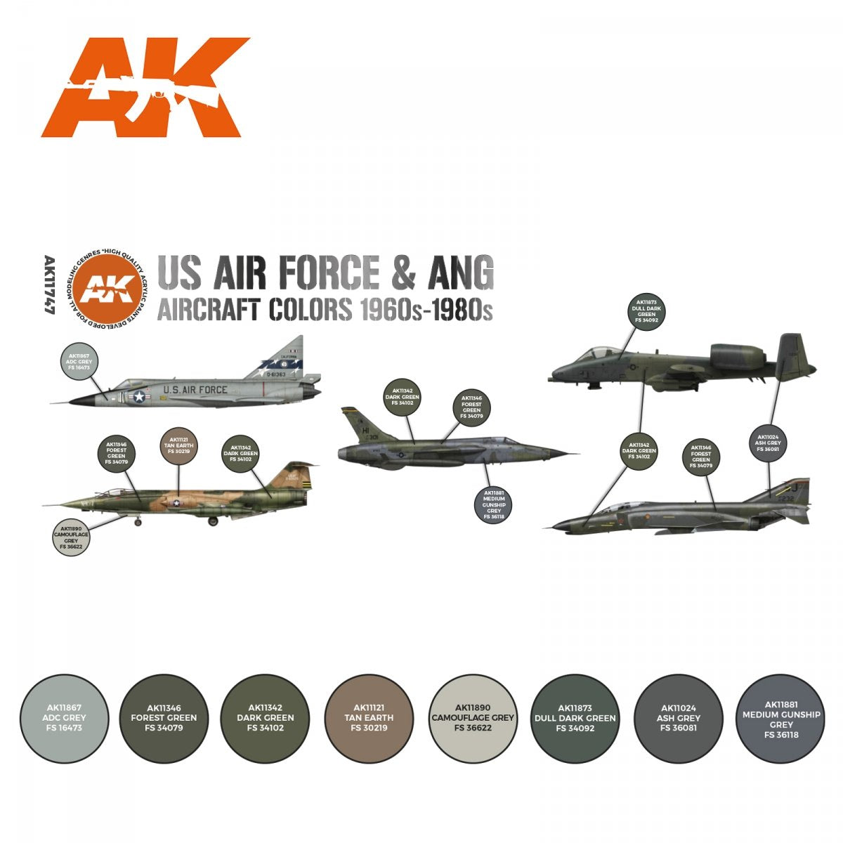 AK Interactive AK11747 US AIR FORCE &amp;amp; ANG AIRCRAFT COLORS 1960S-1980S 8x17 ml – immagine 2