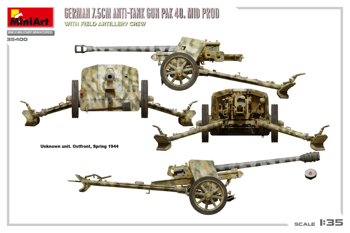 MiniArt 35400 Canon antichar allemand de 7,5 cm PAK 40. Production moyenne avec équipe d&amp;#39;artillerie de campagne 1/35  – image 5