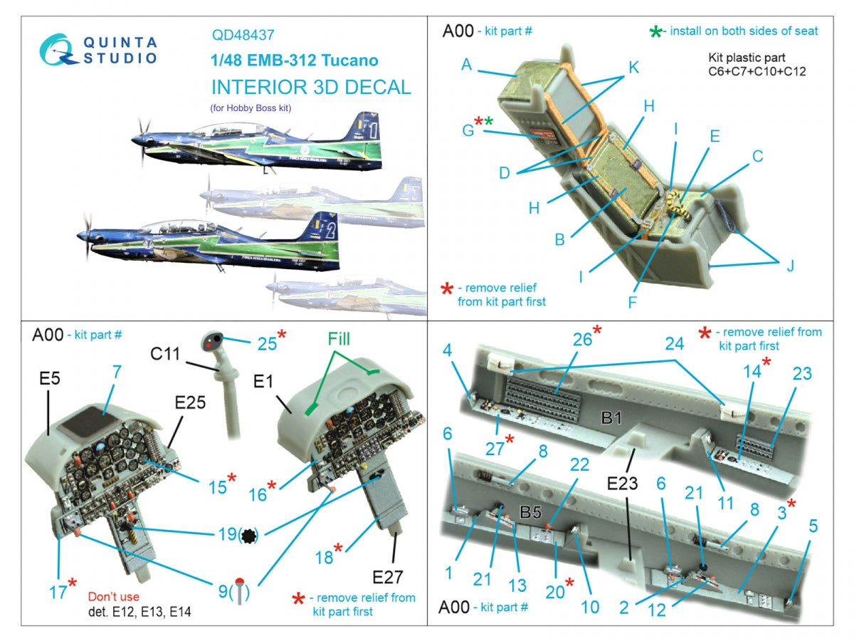 Quinta Studio QD48437 EMB-312 Tucano 3D-Printed coloured Interior on decal paper (Hobby Boss) 1/48 – Bild 2