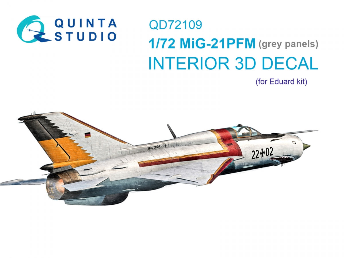 Quinta Studio QD72109 MiG-21PFM Gray panels 3D-Printed &amp; colored Interior on decal paper (Eduard) 1/72