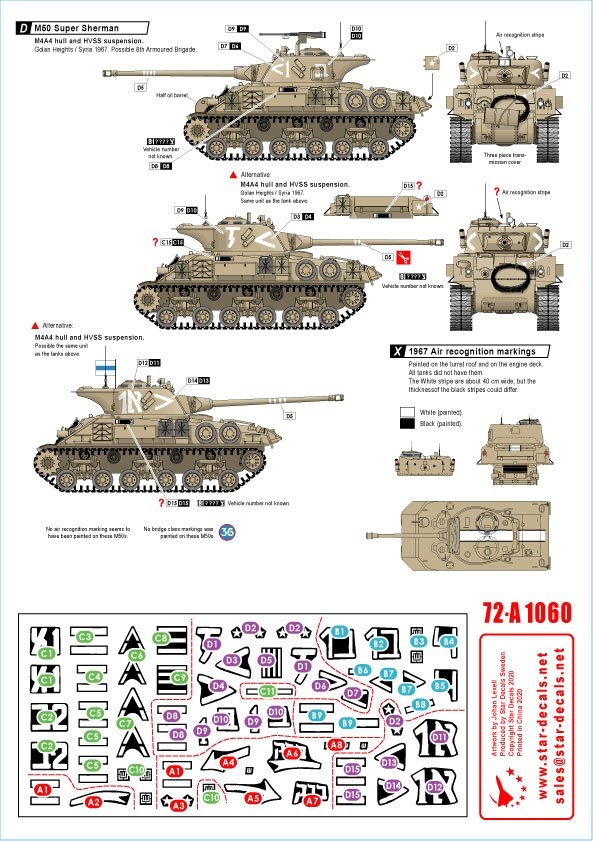 Star Decals 72-A1060 Israeli AFVs # 5 1960 and Six-Day War markings. M50 Super Sherman 1/72 – immagine 2
