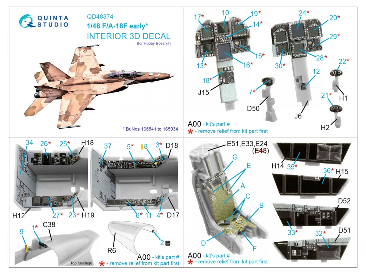 Quinta Studio QD48374 F/A-18F early 3D-Printed &amp;amp; coloured Interior on decal paper (Hobby Boss) 1/48 – immagine 2