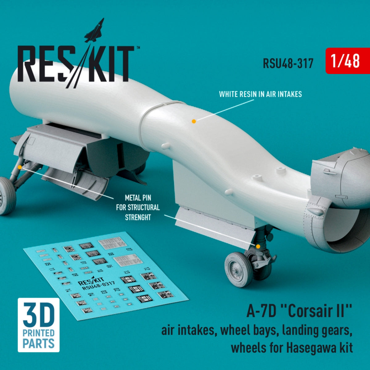 RESKIT RSU48-0317 A-7D &amp;quot;CORSAIR II&amp;quot; AIR INTAKES, WHEEL BAYS, LANDING GEARS, WHEELS FOR HASEGAWA KIT (3D PRINTED) 1/48