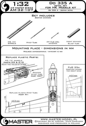 Master AM-32-107 Do 335 A – zestaw detali – MG 151, antena FuG 25a, rurka Pitota (do HK Models) 1/32 – zdjęcie 3