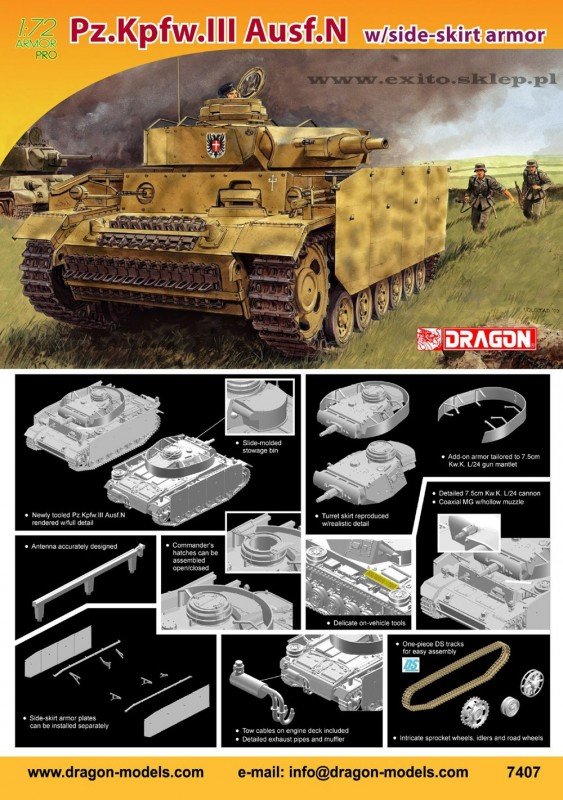 Dragon 7407 Pz.Kpfw.III Ausf.N w/side-skirt armor 1/72 – immagine 3