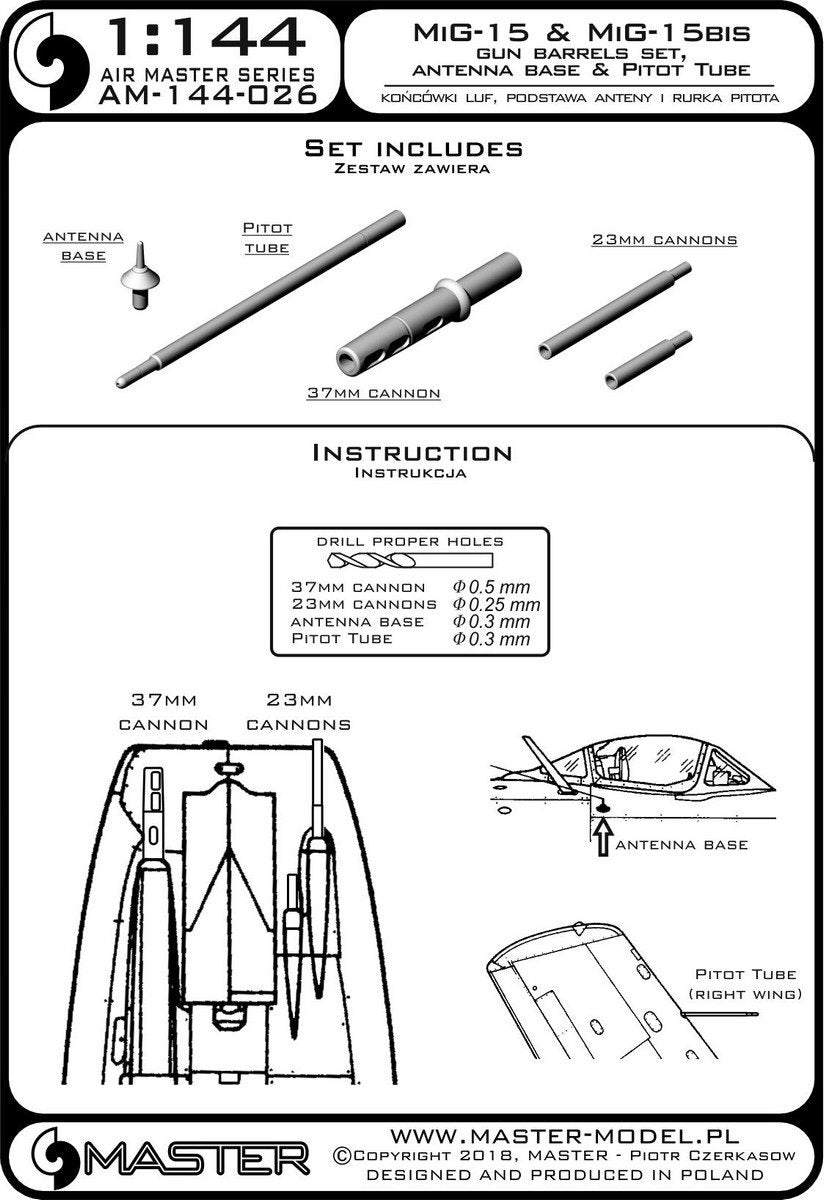Master AM-144-026 MiG-15, MiG 15 bis -końcówki luf, podstawa anteny i Rurka Pitota 1/144 – immagine 3