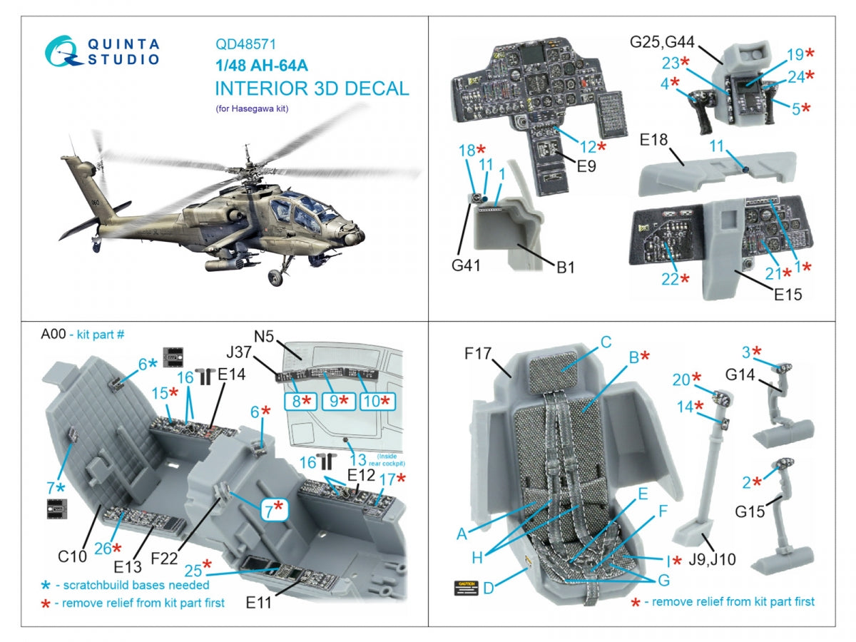 Intérieur imprimé en 3D et coloré sur papier décalcomanie Quinta Studio QD48571 AH-64A (Hasegawa) 1/48 – image 12