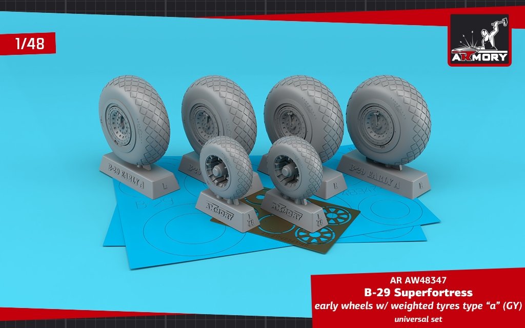 Armory Models AW48347 B-29 Superfortress early production wheels w/ weighted tires type “a” (GY) &amp; PE hubcaps 1/48