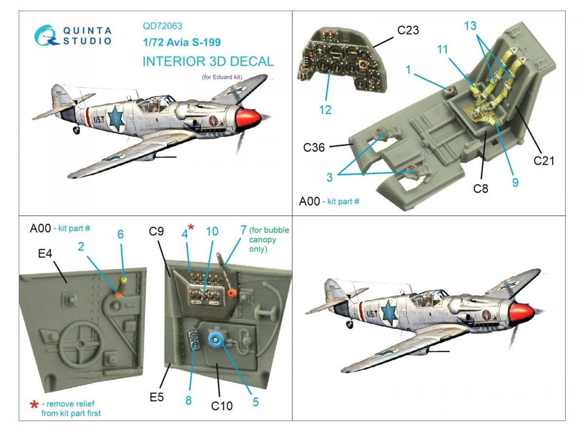 Intérieur imprimé en 3D et coloré sur papier décalcomanie Quinta Studio QD72063 Avia S-199 (Eduard) 1/72 – image 2