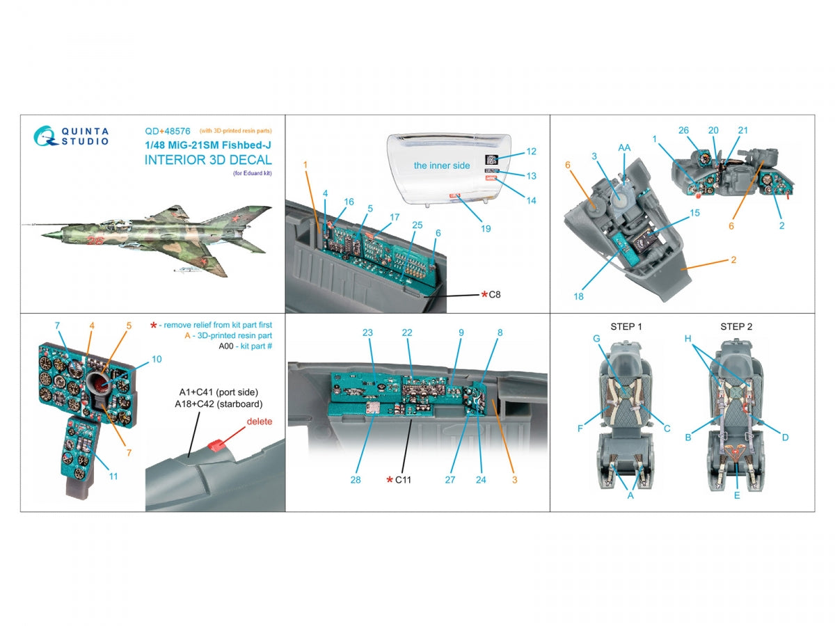 Quinta Studio QD+48576 MiG-21SM Fishbed-J 3D-Printed &amp;amp; coloured Interior on decal paper (Eduard) (with 3D-printed resin parts) 1/48 – immagine 2