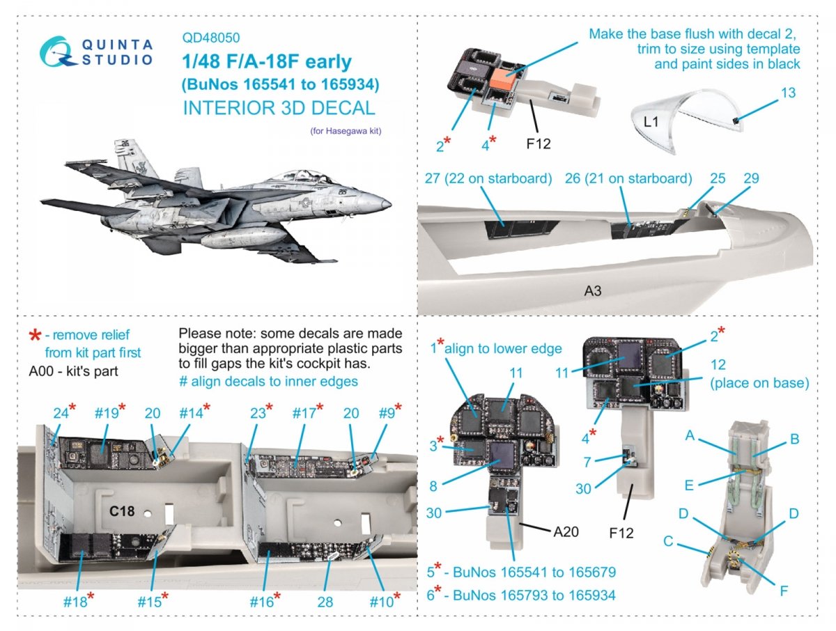 Quinta Studio QD48050 F/A-18F early 3D-Printed &amp;amp; coloured Interior on decal paper (Hasegawa) 1/48 – Bild 2