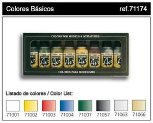 Coffret de 8 peintures pour maquettes Vallejo - Couleurs de base (71174)