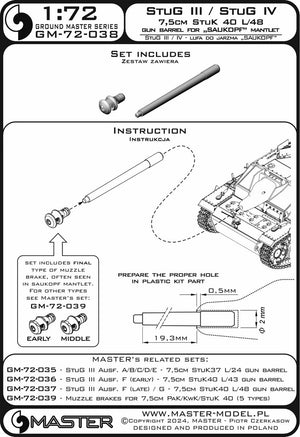 Master GM-72-038 StuG III / StuG IV - 7,5cm StuK 40 L/48 - lufa działa wraz z żywicznym hamulcem wylotowym do osłon jarzma typu &amp;quot;Saukopf&amp;quot; (zestaw nie zawiera osłony) 1/72 – Bild 5