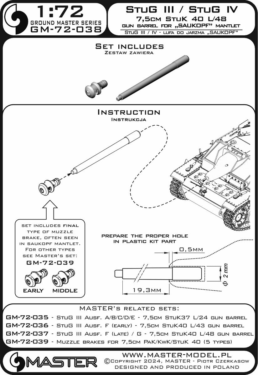 Master GM-72-038 StuG III / StuG IV - 7,5cm StuK 40 L/48 - lufa działa wraz z żywicznym hamulcem wylotowym do osłon jarzma typu &amp;quot;Saukopf&amp;quot; (zestaw nie zawiera osłony) 1/72 – Bild 5