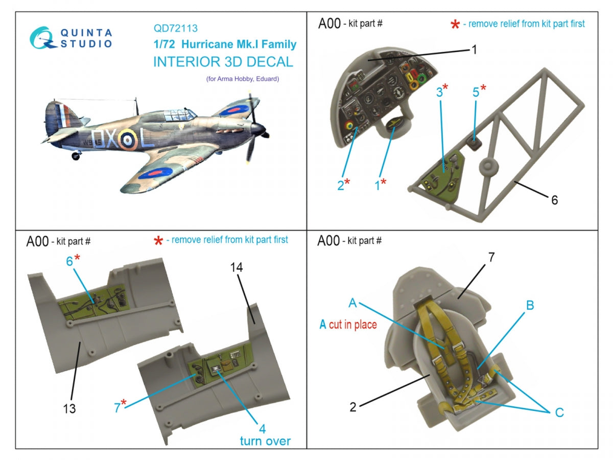 Quinta Studio QD72113 Hurricane Mk.I family 3D-Printed coloured Interior on decal paper (Arma Hobby) 1/72 – immagine 2