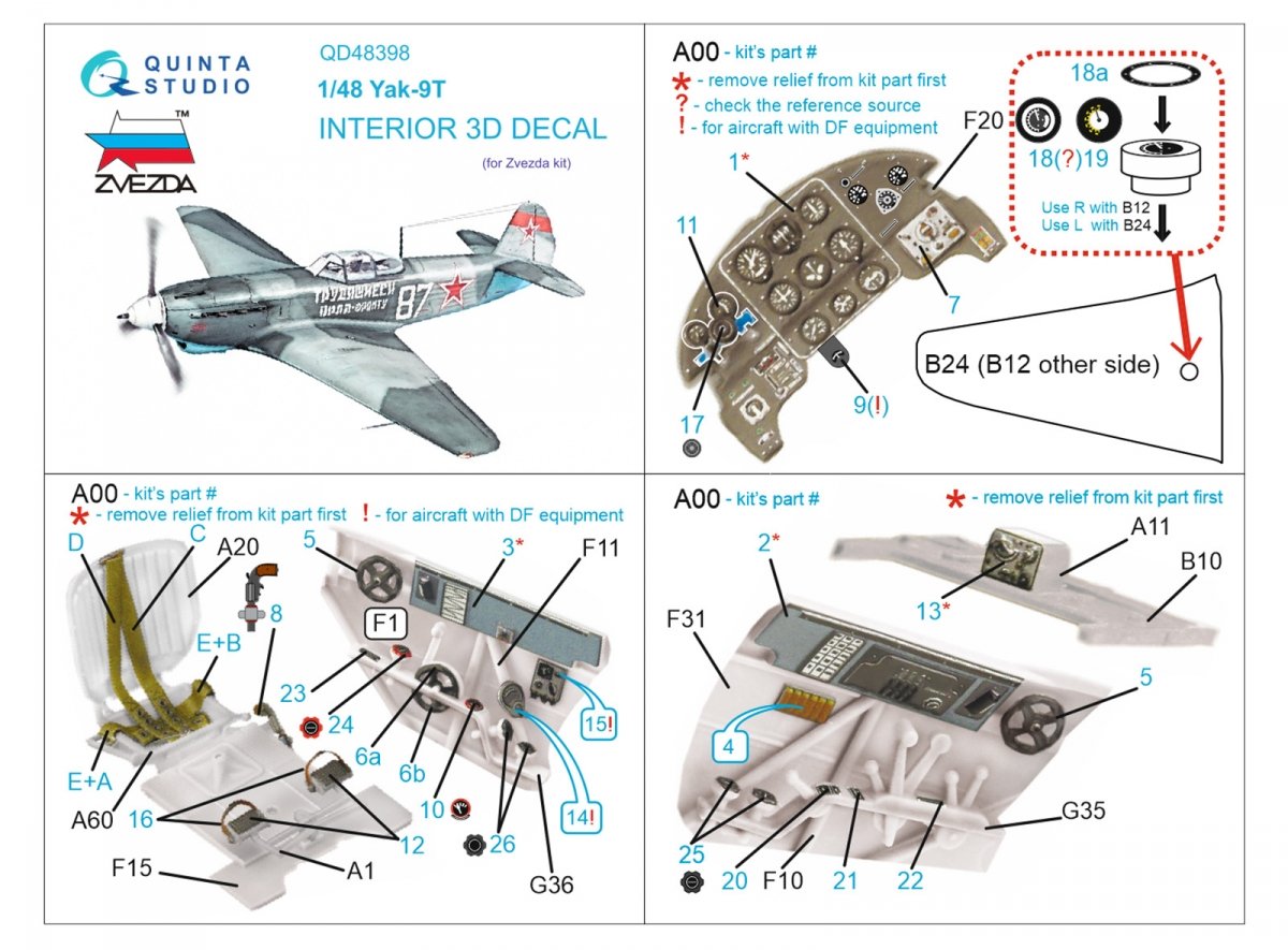Quinta Studio QD48398 Yak-9T 3D-Printed &amp;amp; coloured Interior on decal paper (Zvezda) 1/48 – zdjęcie 2