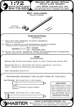 Master GM-72-005 British QF 6-pdr (57mm) - version Mk.III L/43 (short) + Besa MG tips - for Crusader Mk.III, Churchill Mk.III/IV, Valentine Mk.VIII/IX 1/72 – immagine 5
