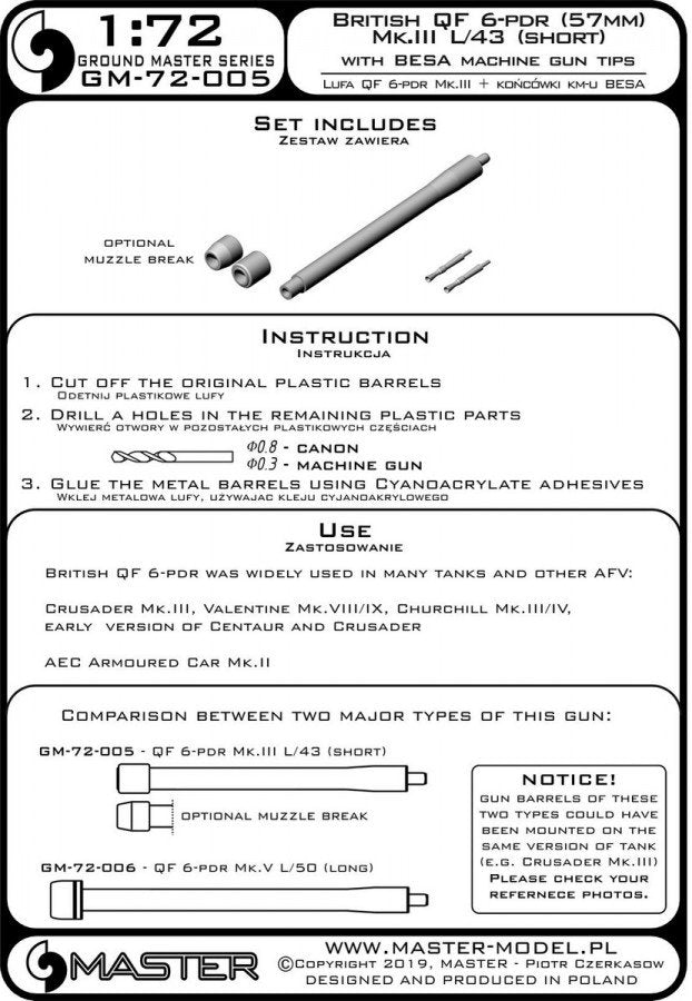 Master GM-72-005 British QF 6-pdr (57mm) - version Mk.III L/43 (short) + Besa MG tips - for Crusader Mk.III, Churchill Mk.III/IV, Valentine Mk.VIII/IX 1/72 – immagine 5
