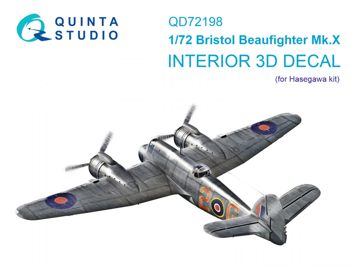 Intérieur coloré imprimé en 3D sur papier décalcomanie Quinta Studio QD72198 Bristol Beaufighter Mk.X (Hasegawa) 1/72
