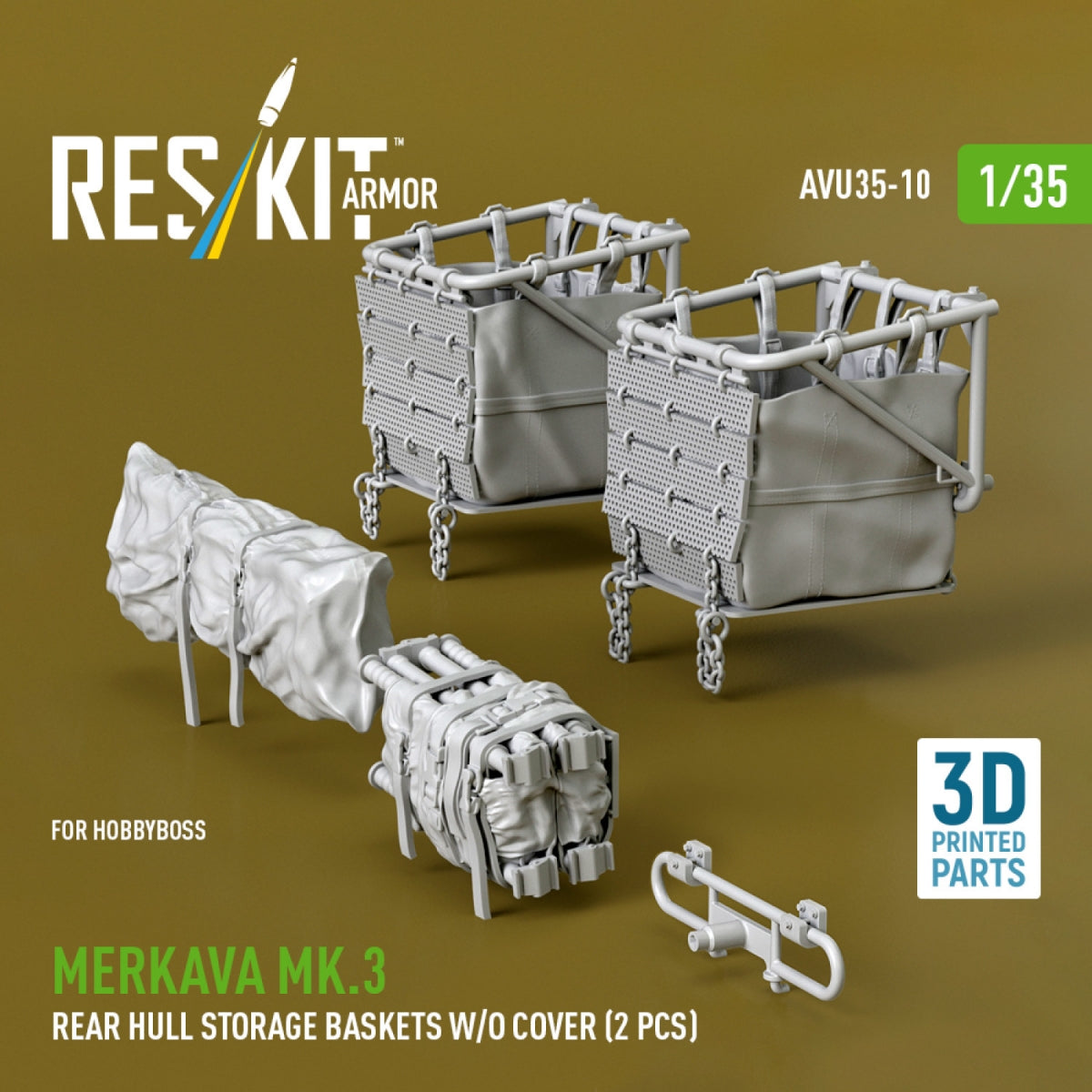 RESKIT AVU35-0010 Merkava Mk.3 rear hull storage baskets w/o cover (2 pcs) for HobbyBoss kit (3D Printed) 1/35