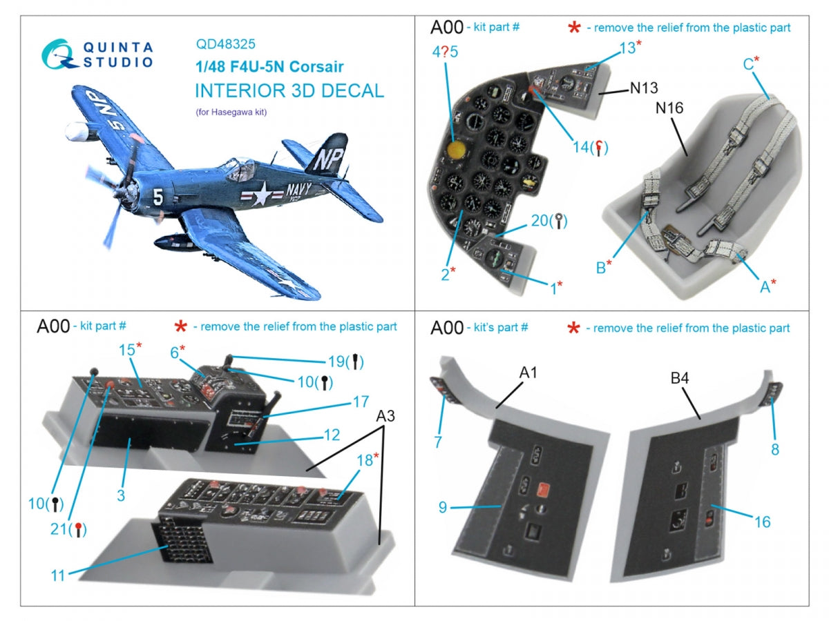 Quinta Studio QD48325 F4U-5N 3D-Printed &amp;amp; coloured Interior on decal paper (Hasegawa) 1/48 – immagine 2