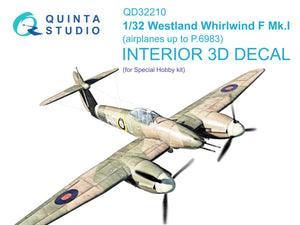 Quinta Studio QD32210 Westland Whirlwind F Mk.I 3D-Printed &amp;amp; colored Interior on decal paper (Special Hobby) 1/32