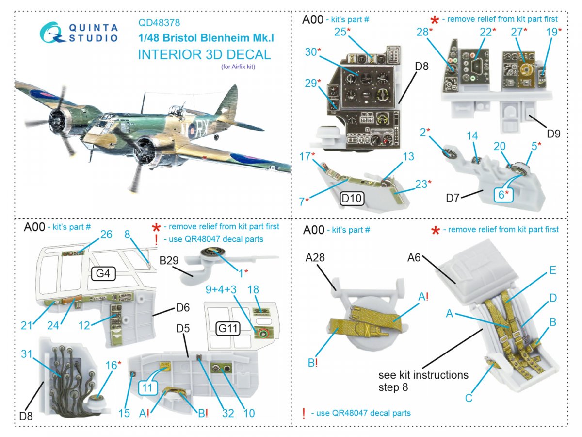 Quinta Studio QD48378 Bristol Blenheim Mk.I 3D-Printed &amp;amp; coloured Interior on decal paper (Airfix) 1/48 – immagine 12