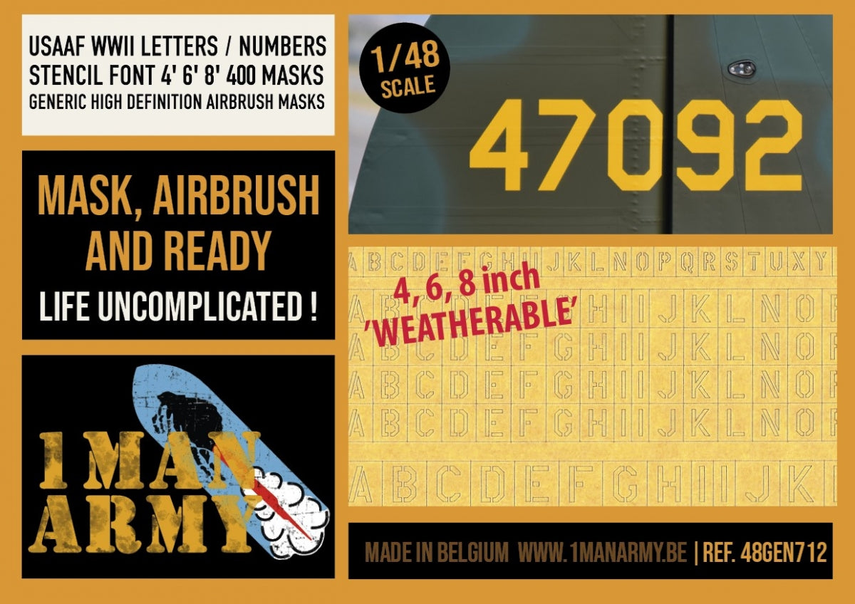 1 Man Army 48GEN712 USAAF WWII Letters / Numbers Stencil Font 4", 6", 8" (400 pcs) 1/48