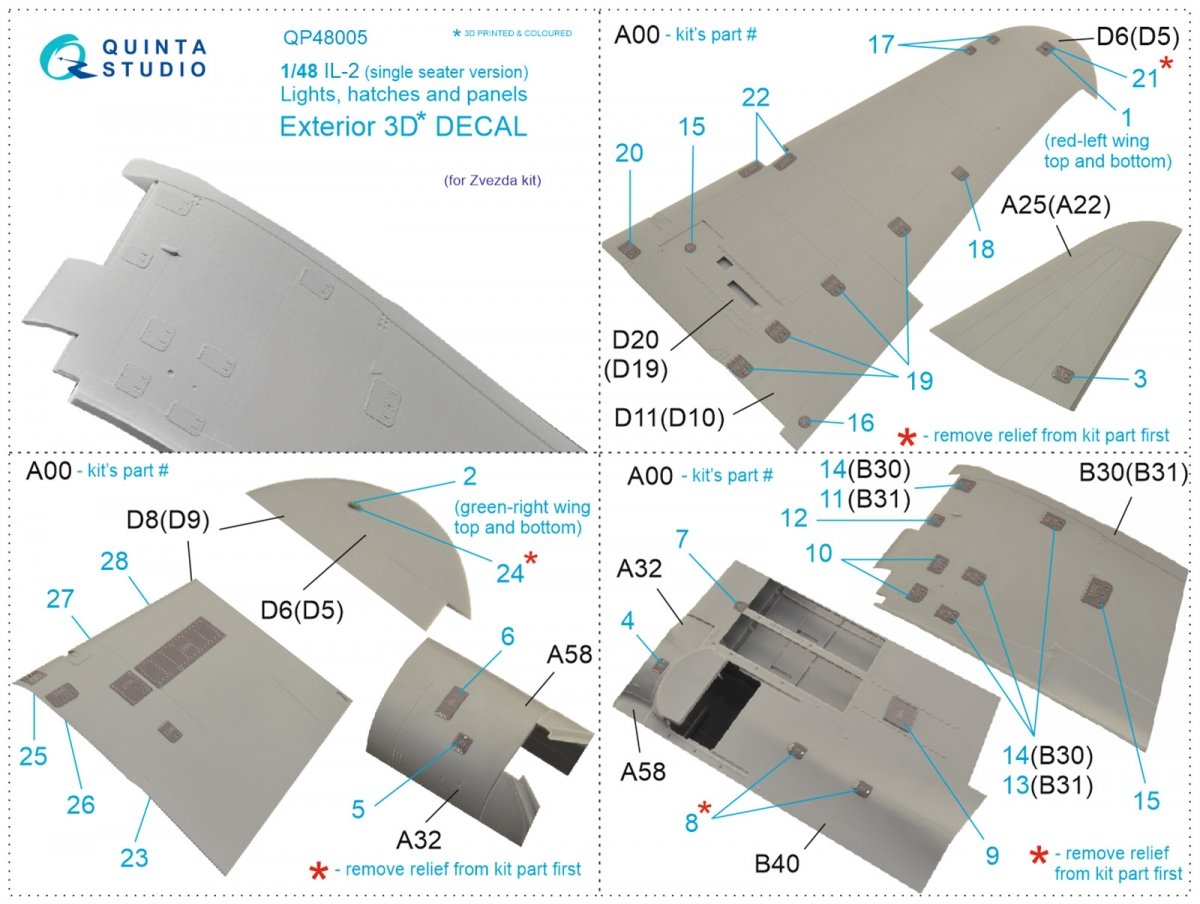 Quinta Studio QP48005 IL-2 (single seater) lights, hatches and panels (Zvezda) 1/48 – immagine 9