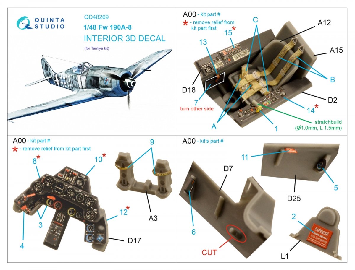 Quinta Studio QD48269 Fw 190A-8 3D-Printed &amp;amp; coloured Interior on decal paper (Tamiya) 1/48 – immagine 5